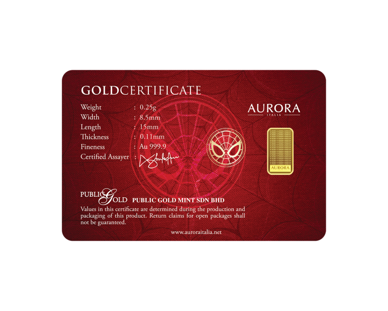  [NEW LAUNCH] MARVEL x AURORA ITALIA (0.25g) 999.9 Spiderman & Ironman Emblem Limited Edition Gold Bar