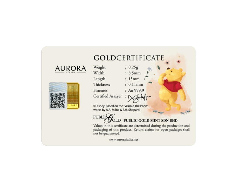 DISNEY X AURORA ITALIA (0.25g) 999.9 Winnie The Pooh Limited Edition Gold Bar