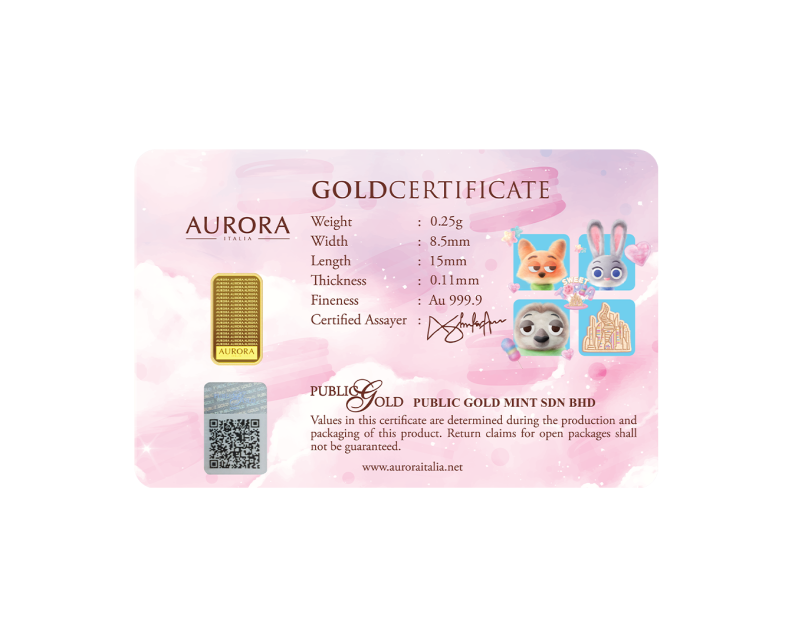 [BLIND BOX] DISNEY x AURORA ITALIA (0.25g) 999.9 Zootopia Limited Edition Gold Bar