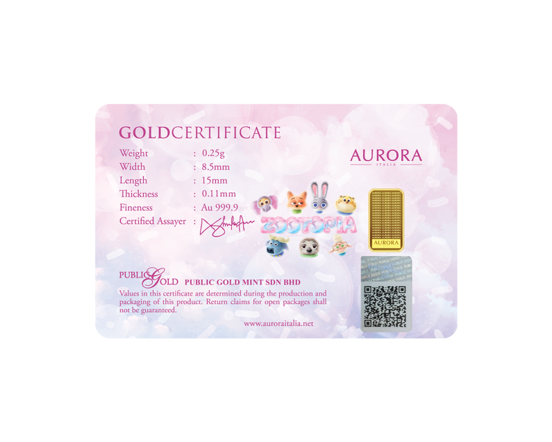 [BLIND BOX] DISNEY x AURORA ITALIA (0.25g) 999.9 Zootopia Limited Edition Gold Bar