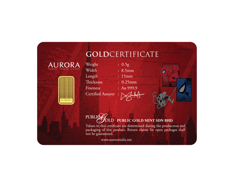 [NEW LAUNCH] MARVEL x AURORA ITALIA (0.5g) 999.9 Spiderman & Ironman Limited Edition Gold Bar