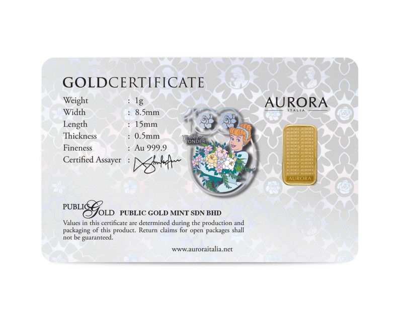 DISNEY X AURORA ITALIA (1g) 999.9 Princess Collection Cinderella 2 Limited Edition Gold Bar