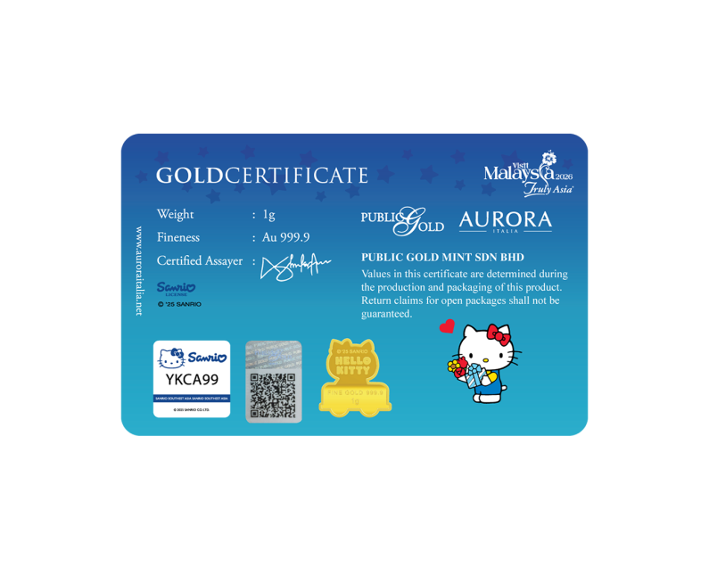 [NEW LAUNCH] SANRIO x AURORA ITALIA (1g) 999.9 Hello Kitty Cuti-cuti di Malaysia Limited Edition Gold Bar