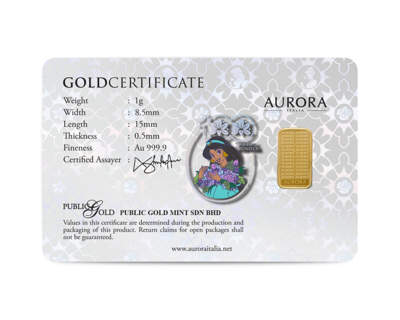 DISNEY X AURORA ITALIA (1g) 999.9 Princess Collection Jasmine 2 Limited Edition Gold Bar