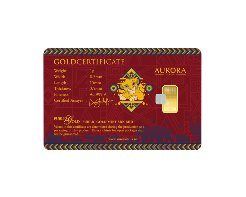 DISNEY x AURORA ITALIA (1g) 999.9 Lion King Limited Edition Gold Bar