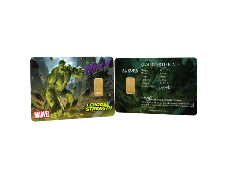 MARVEL x AURORA ITALIA (1g) 999.9 The Incredible Hulk Limited Edition Gold Bar