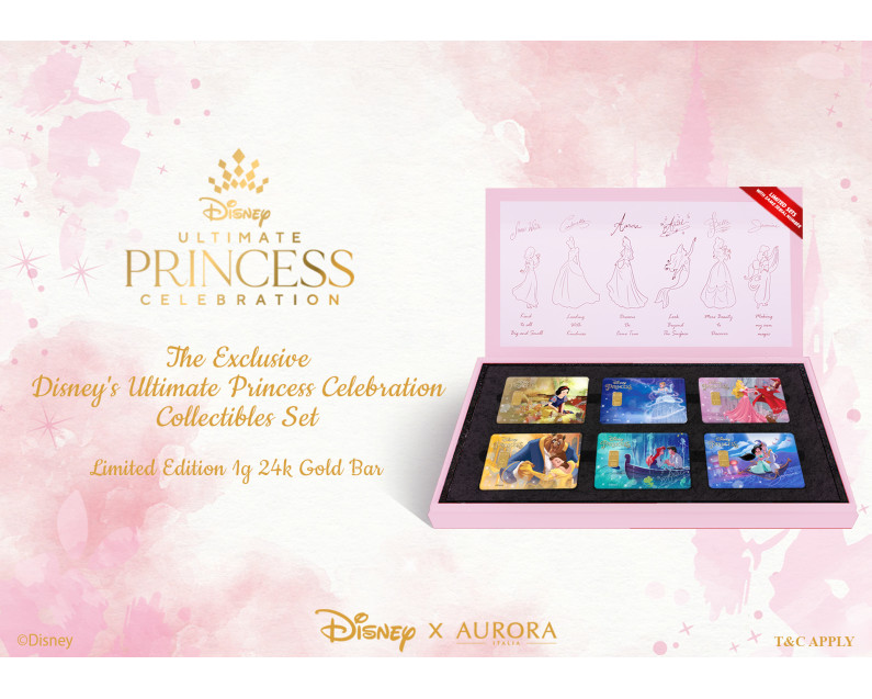 [SET-6PCS] DISNEY x AURORA ITALIA (1g) 999.9 Ultimate Princess Celebration Collectibles Limited Edition Gold Bar - Classic