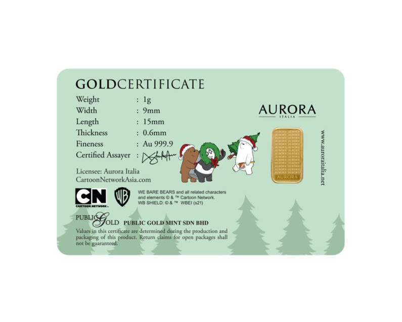 WARNER BROS x AURORA ITALIA (1g) 999.9 We Bare Bears Christmas Limited Edition Gold Bar