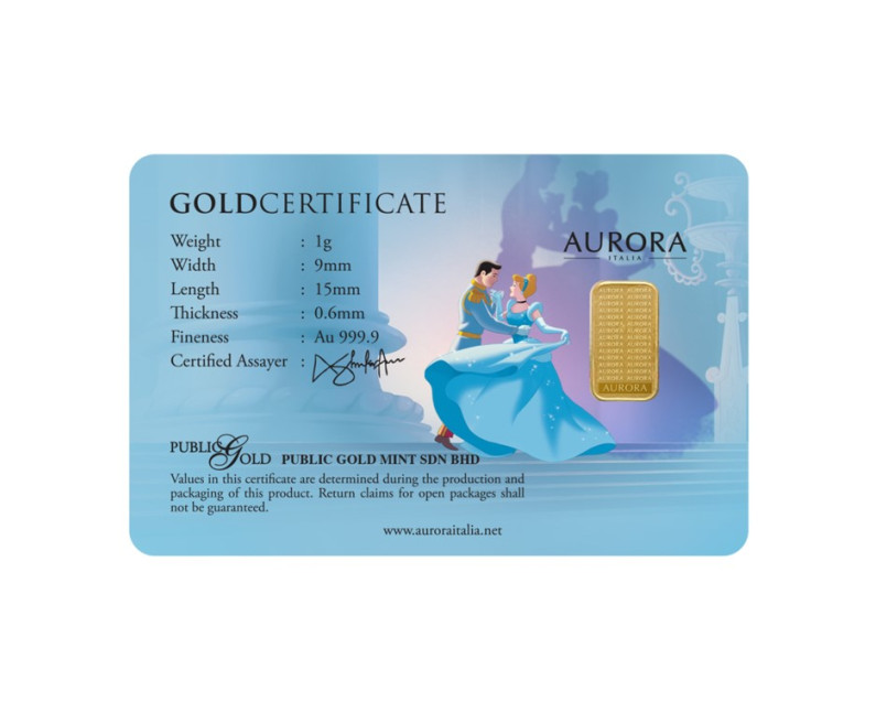 DISNEY x AURORA ITALIA (1g) 999.9 Princess Collection - Cinderella Limited Edition Gold Bar 