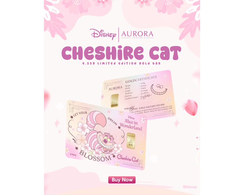 [NEW LAUNCH] DISNEY x AURORA ITALIA (0.25g) 999.9 Cheshire Cat: Alice in Wonderland Limited Edition Gold Bar