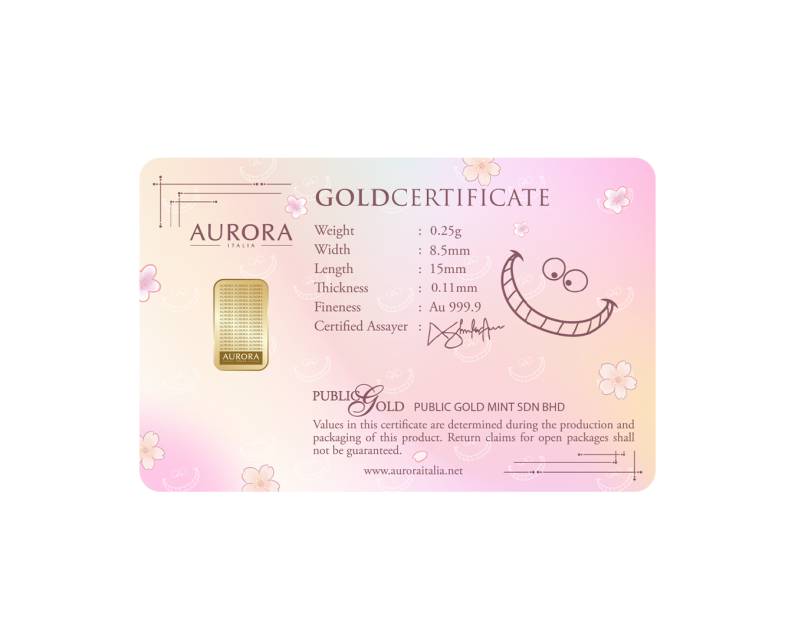 [NEW LAUNCH] DISNEY x AURORA ITALIA (0.25g) 999.9 Cheshire Cat: Alice in Wonderland Limited Edition Gold Bar