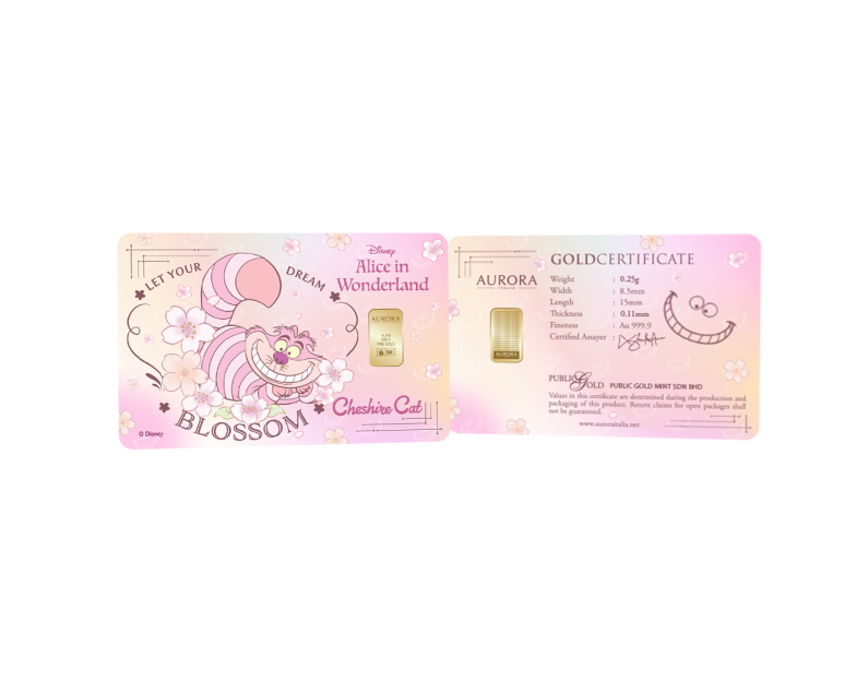 [NEW LAUNCH] DISNEY x AURORA ITALIA (0.25g) 999.9 Cheshire Cat: Alice in Wonderland Limited Edition Gold Bar