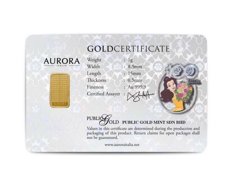 DISNEY x AURORA ITALIA (1g) 999.9 Princess Collection - Belle 2 Limited Edition Gold Bar